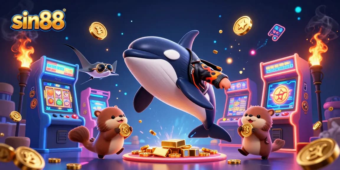 Experience the thrill of sin88 with a vibrant 3D casino scene showcasing colorful characters and slot action.
