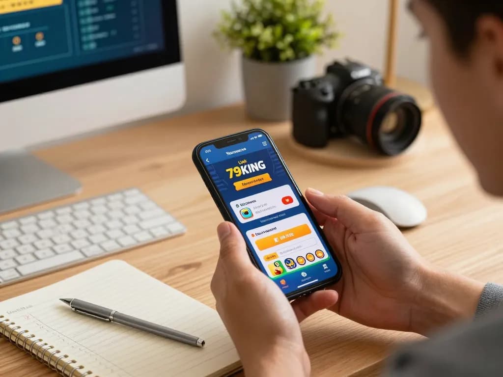 Using the Link 79king app for online betting on a smartphone in a stylish home workspace.