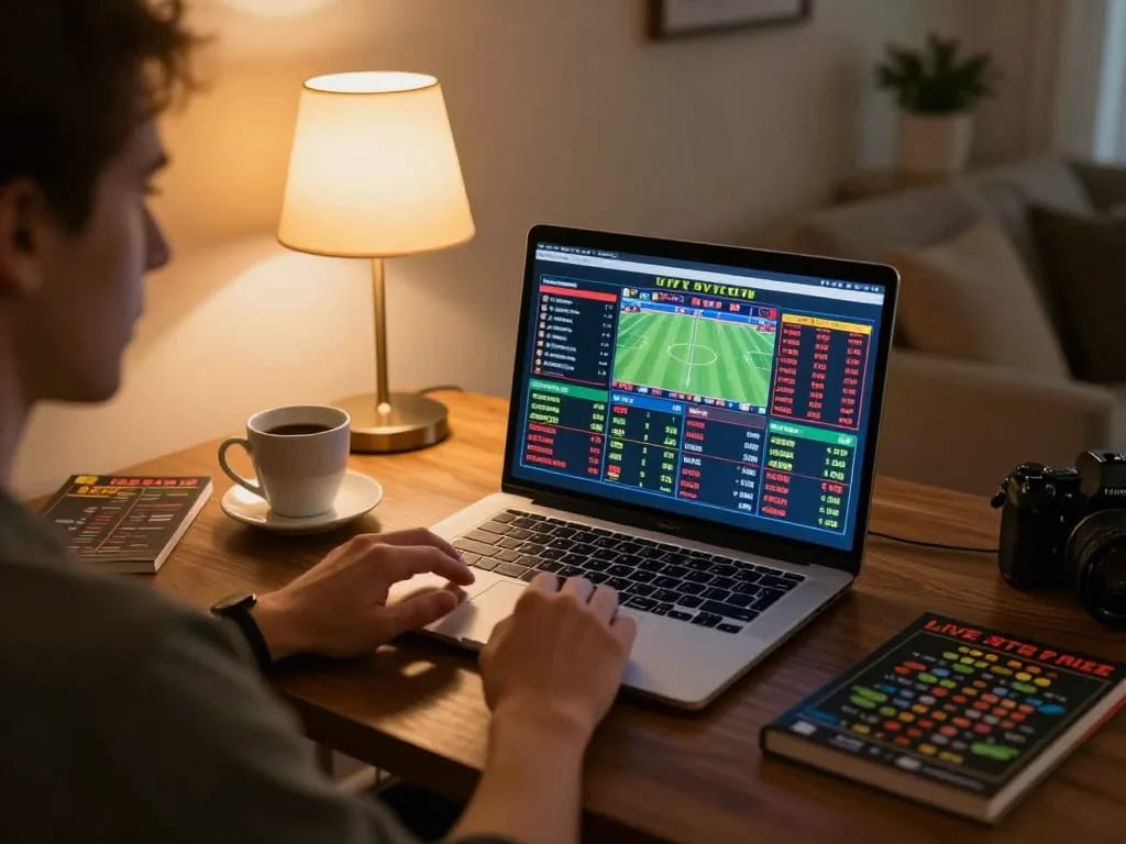 fun88 user engaging in live sports betting on a laptop while enjoying a cozy home setup