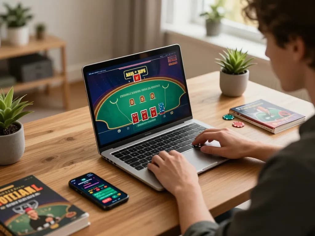 Engaged gambler using nhà cái Net88 for live Blackjack, showcasing strategic gameplay in a cozy atmosphere.