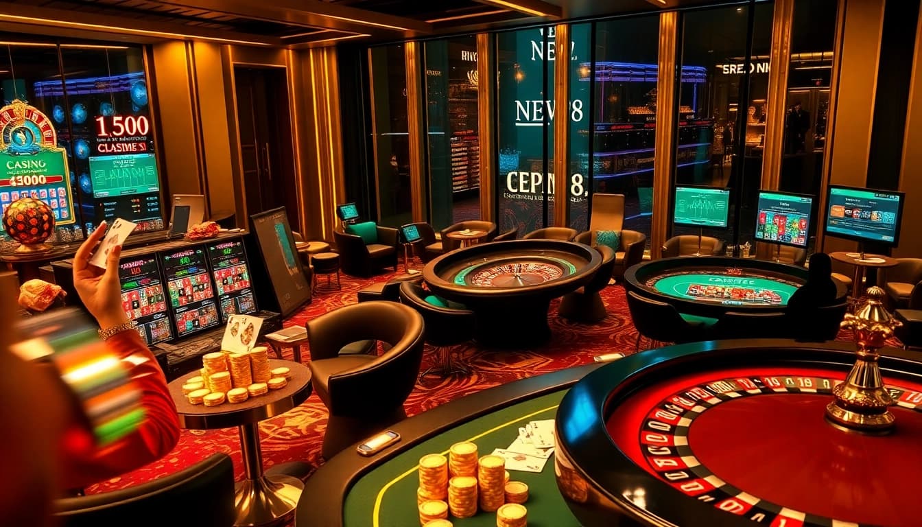 A dynamic online casino atmosphere at https://new88.help/, featuring vibrant poker tables and roulette wheels.