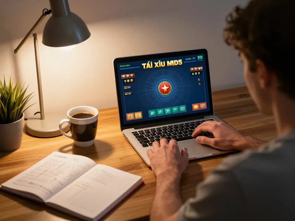 Engaging gaming session of Tài Xỉu MD5 on a laptop showcasing strategic notes and cozy atmosphere.