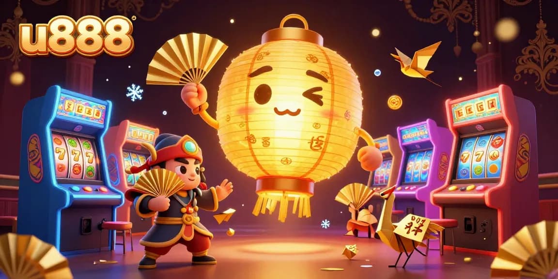 Join the excitement at u888 with a golden lantern spirit overseeing a vibrant casino scene.