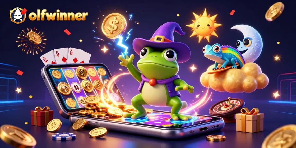 wolfwinner's exciting 3D illustration highlights the thrill of winning with golden coins, slot games, and vibrant characters.