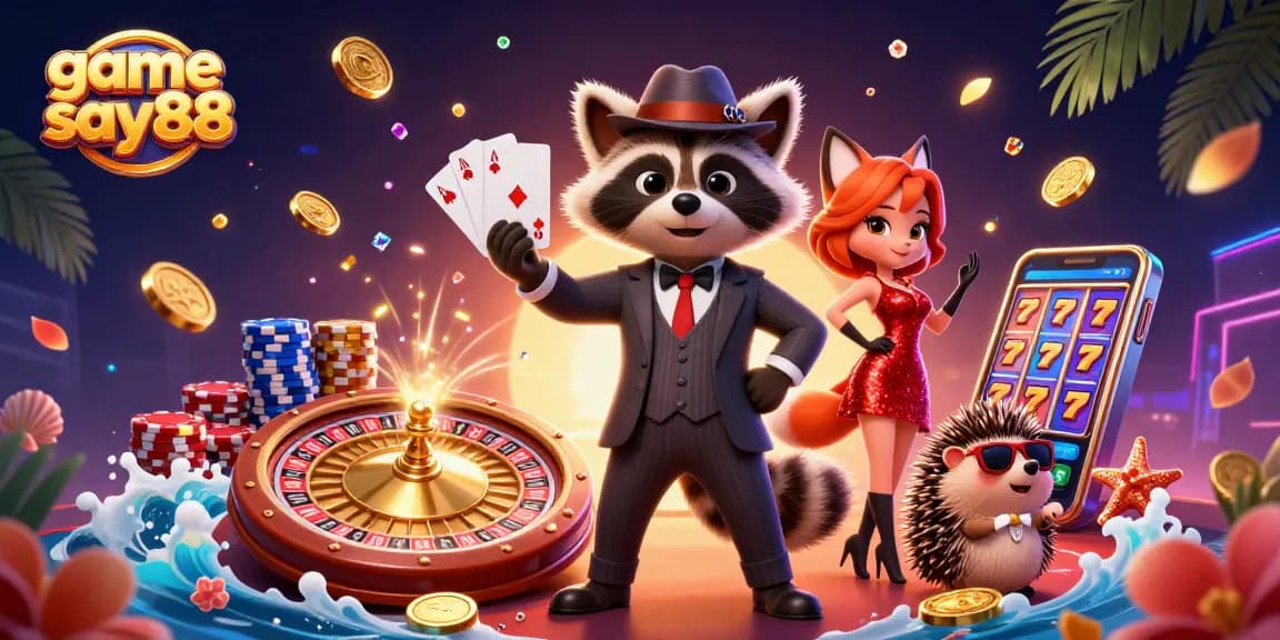 Catching big wins at game say88 with stylish characters in a lively casino illustration