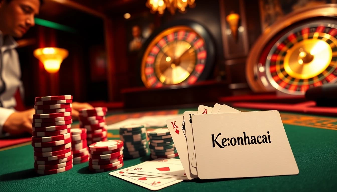 Betting slip showing Keonhacai on a luxurious casino table with poker chips and cards.