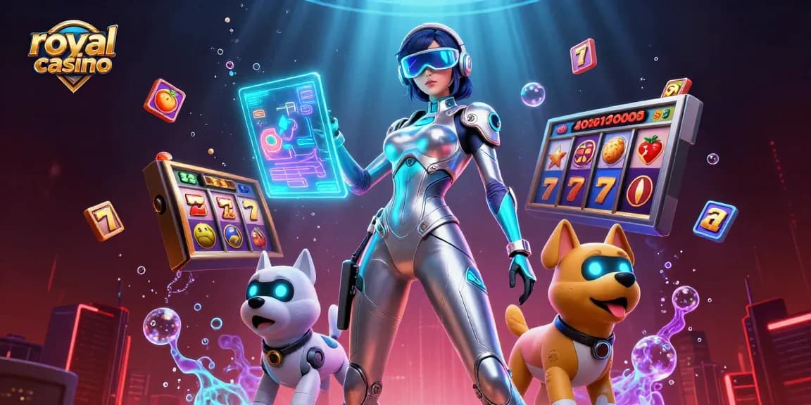 Experience exciting games at royal casino with a vibrant 3D character scene and floating slot elements.