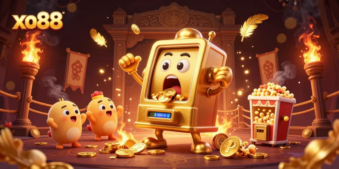Experience the thrill of xo88 as the golden slot machine wins big, surrounded by joyful companions!