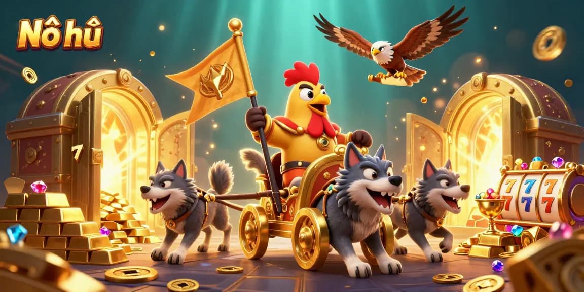 Nổ hũ jackpot scene featuring a rooster warlord and treasure in vibrant 3D.