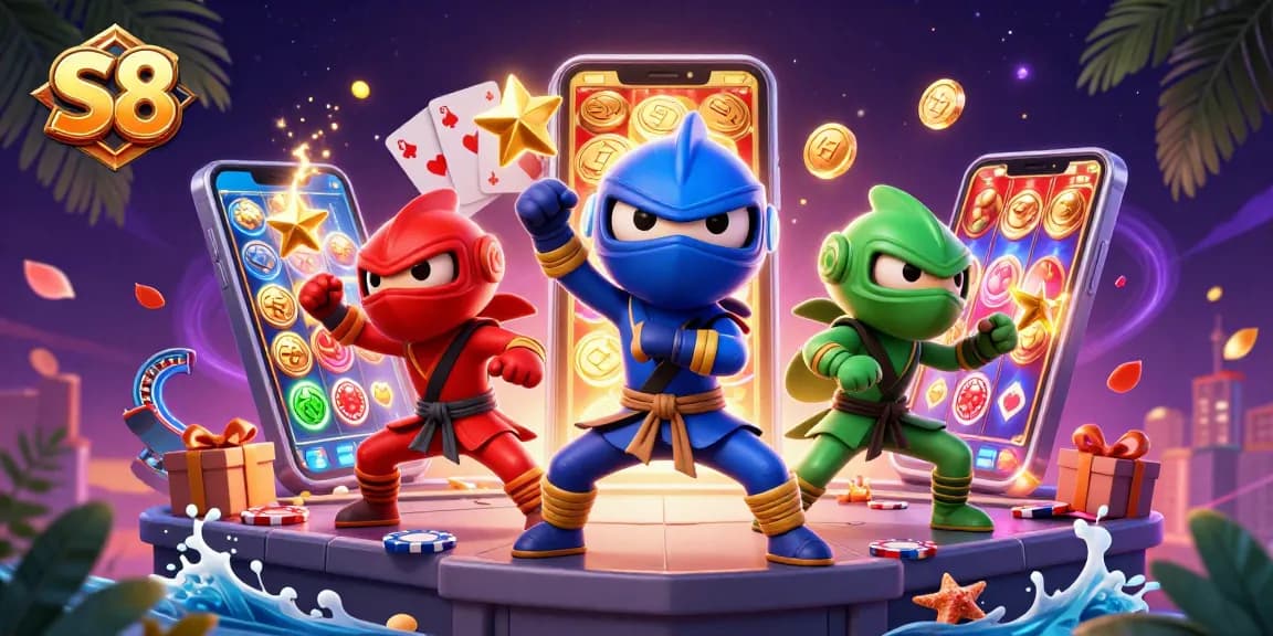 S8 casino scene showcasing chameleon ninjas over a lively backdrop with dynamic slot games and vibrant elements.