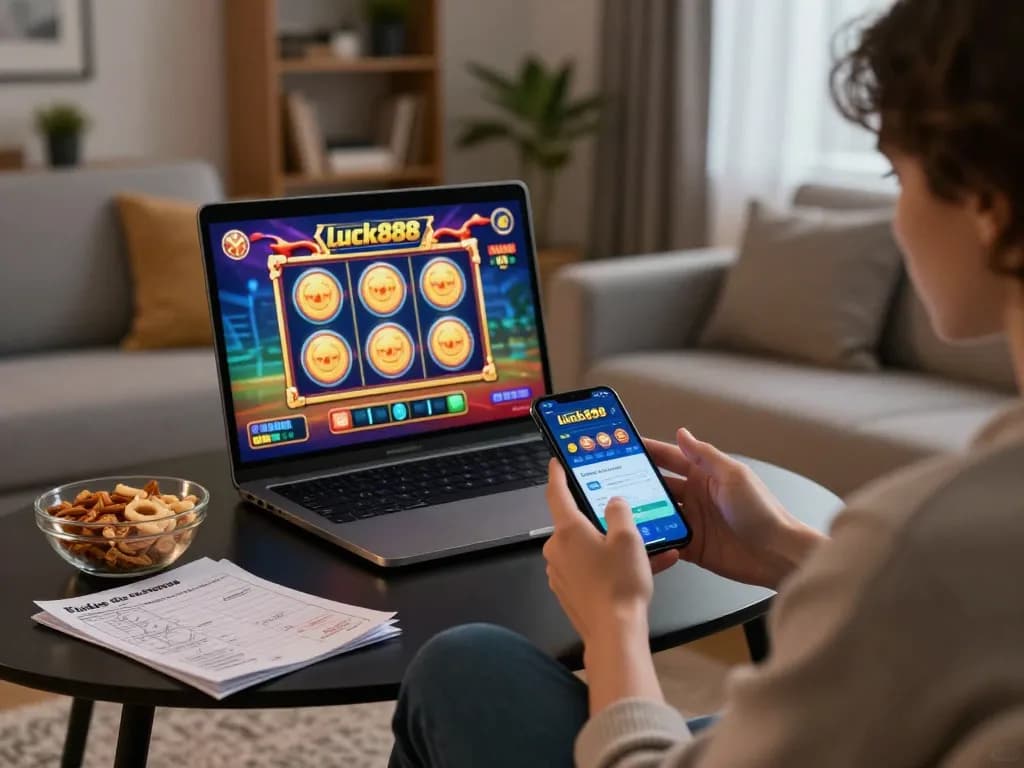 Player enjoying luck888 mobile casino app in a cozy home setting during evening hours