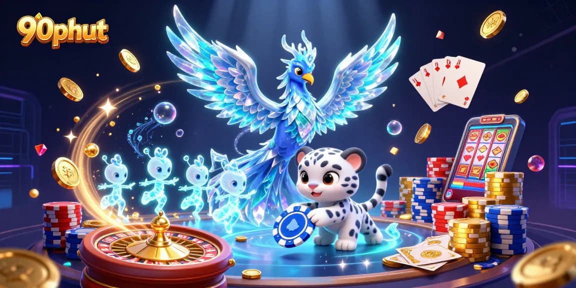 Win big with 90phut at the vibrant casino-themed illustration featuring an ice phoenix and glowing sprites.