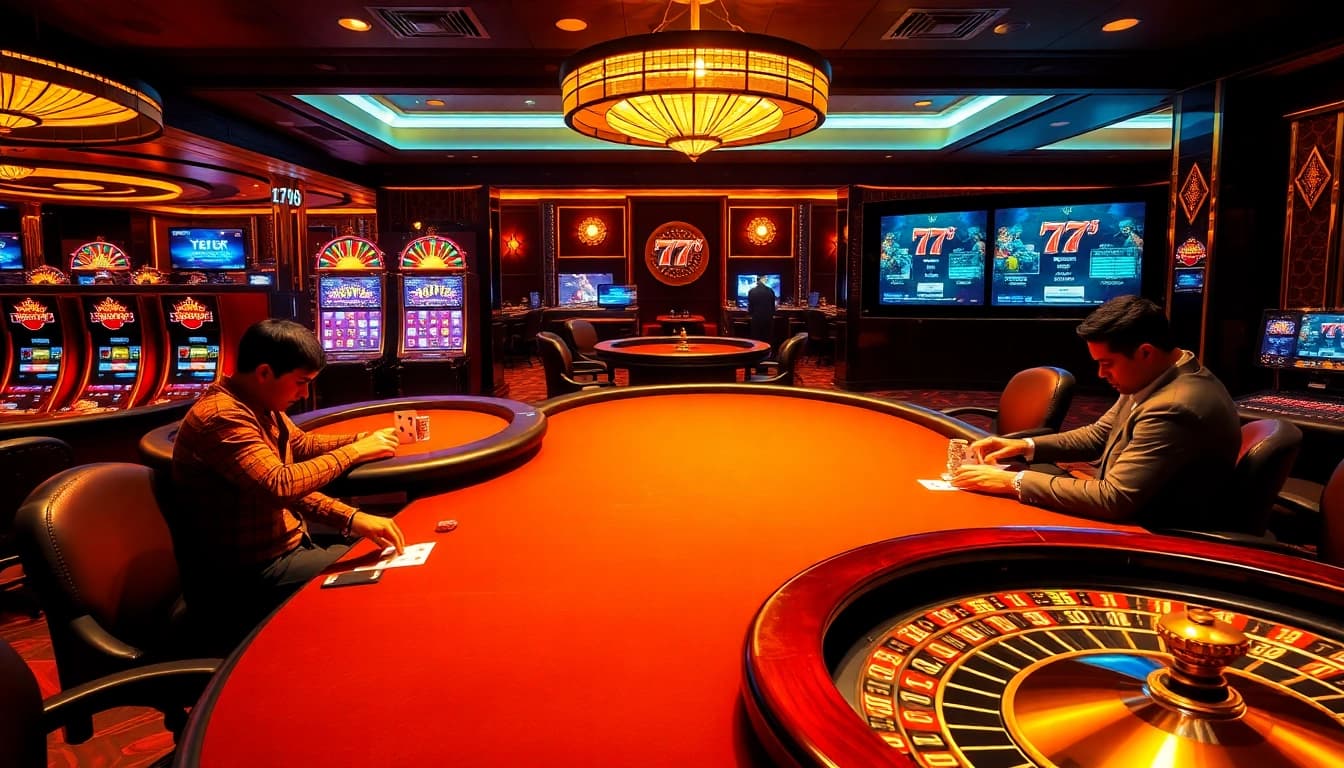 Players at 789club enjoy high-stakes poker games in a luxurious casino setting.