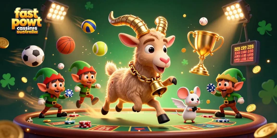 Experience fast payout casinos in Australia with an exciting 3D illustration showing dynamic gambling action and festive characters.