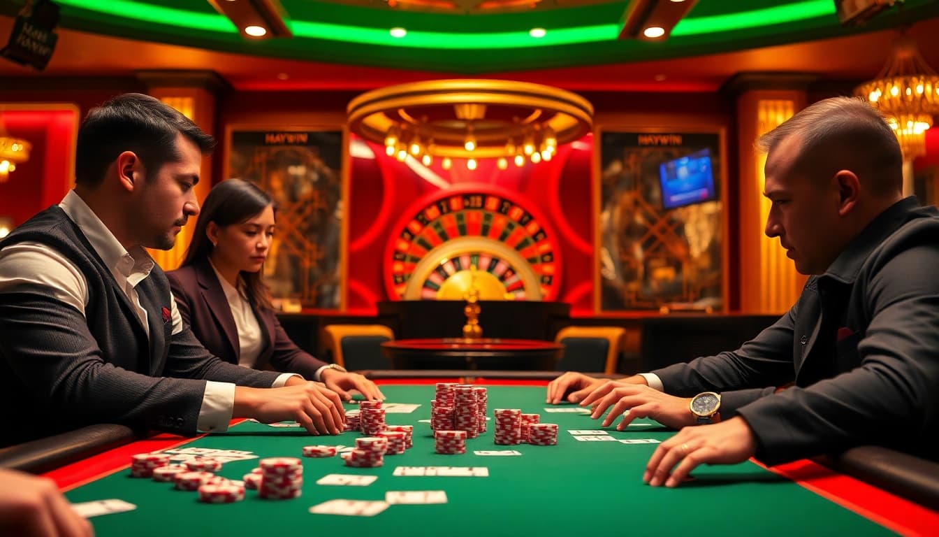 Haywin poker players competing in an elegant casino setting showcasing excitement and strategy.