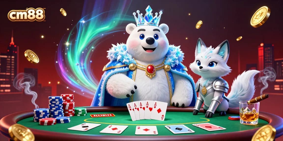 Engage with cm88 at a lively poker table, showcasing vibrant poker elements and magical characters.
