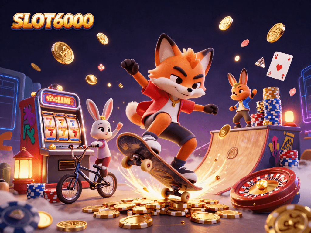 Experience SLOT6000 with a vibrant 3D scene featuring a skateboard fox and BMX rabbit, rich in casino elements.