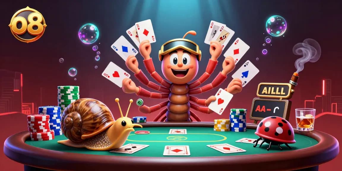 Experience thrilling gameplay at o8 with a lively 3D casino illustration featuring animated characters and poker elements.