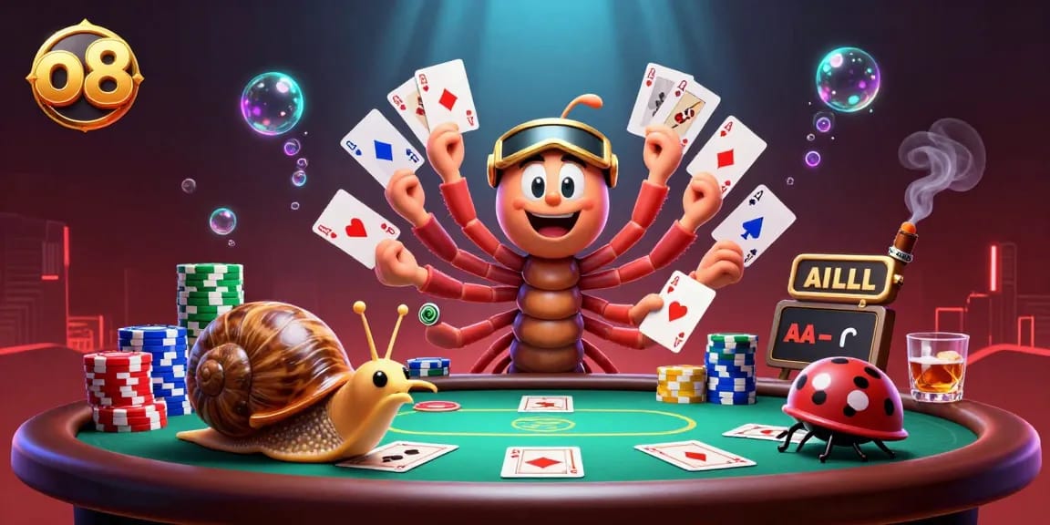 Experience thrilling gameplay at o8 with a lively 3D casino illustration featuring animated characters and poker elements.