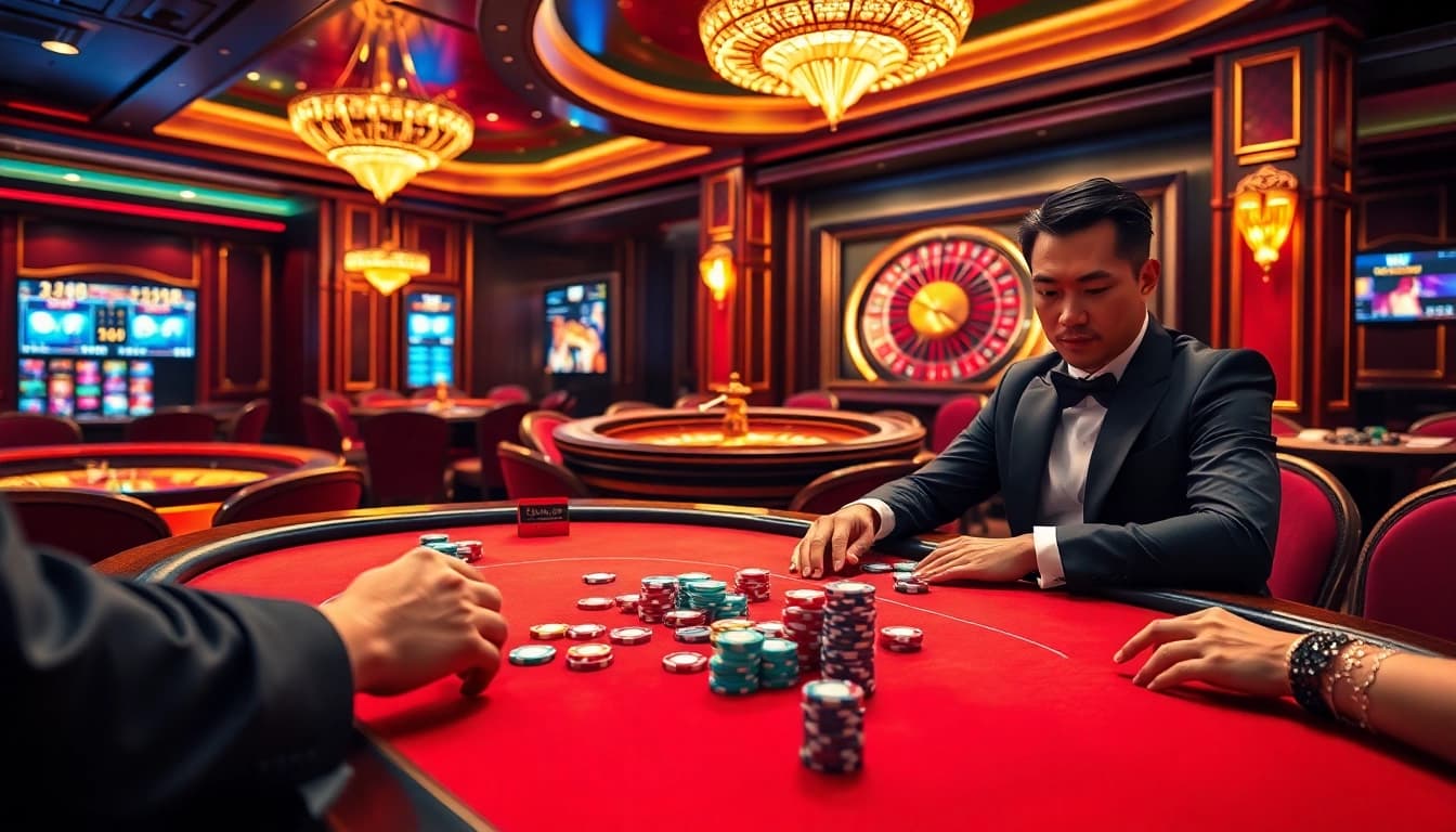 Experience the excitement of U888's online casino with a vibrant poker scene and roulette wheel.