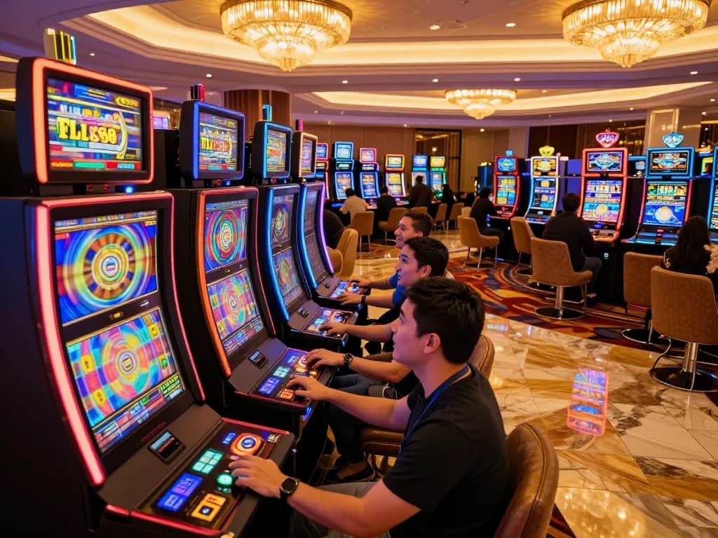 Experience FLY88's vibrant slot gaming atmosphere with players engaged in exciting gameplay.