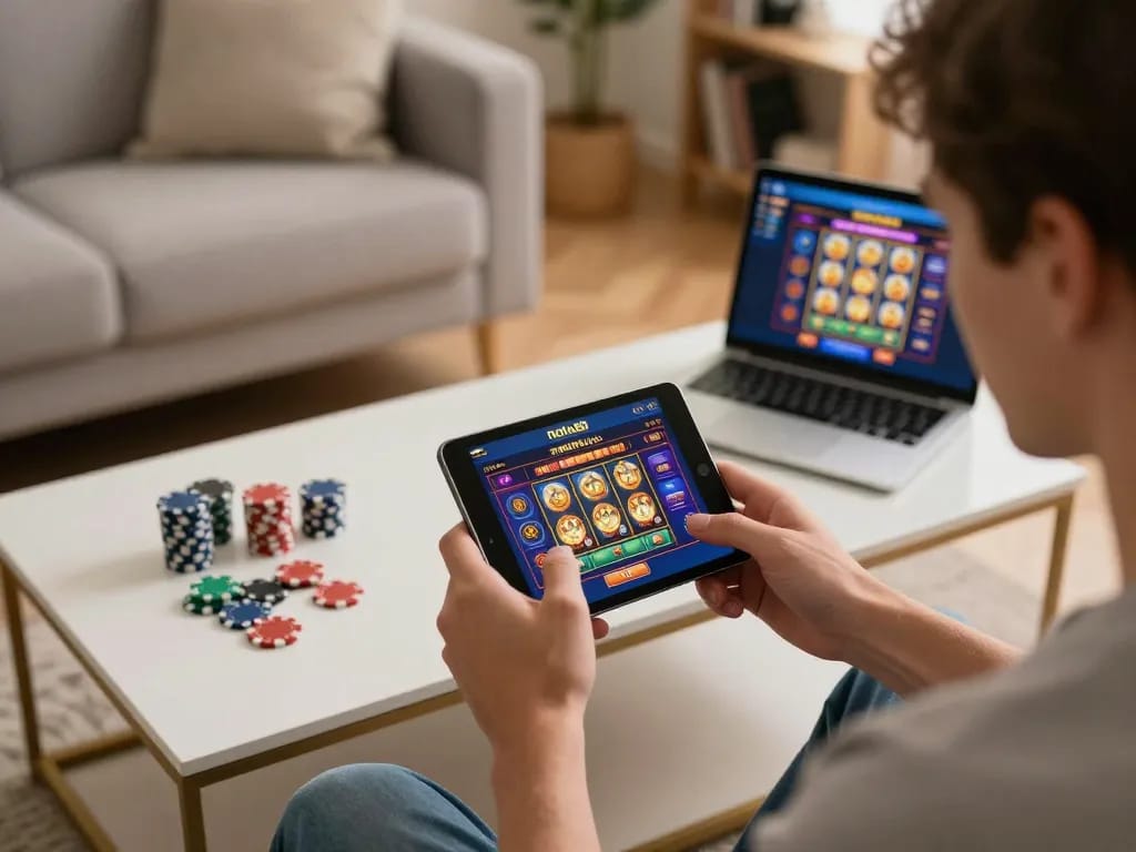 Player engaging with the nohu90 casino app on mobile, showcasing vibrant games in a warm living room.