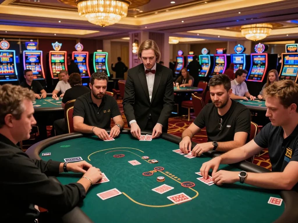 Action-packed poker gameplay at 88betcom casino, showcasing players and dealers in a luxurious setting.