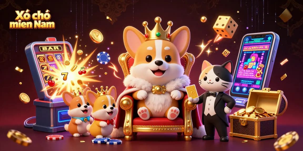 Xổ số miền Nam brings excitement with a royal corgi on a poker chip throne amidst slot machines and vibrant casino elements.