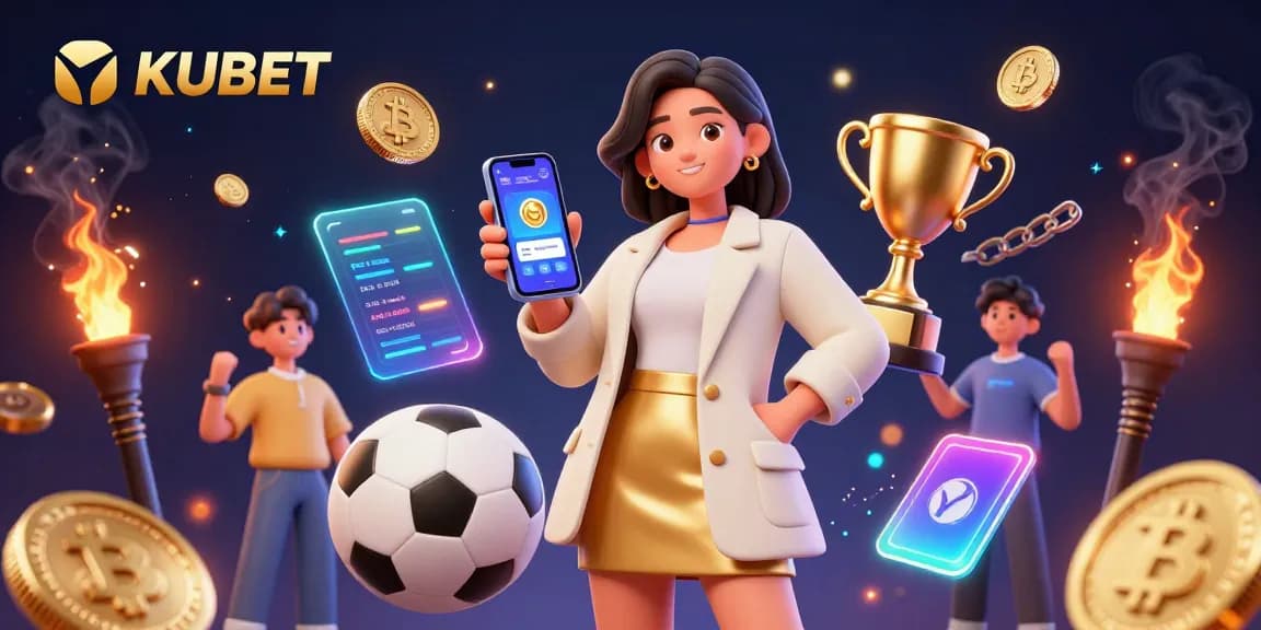 KUBET enhances your sports betting strategy with a lively scene of a friendly Asian woman and dynamic game elements.