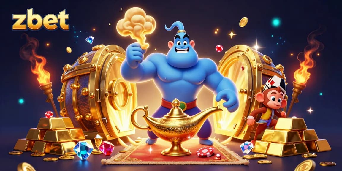 Zbet showcases a vibrant 3D illustration of a genie, monkey, and magic carpet amid casino treasures.
