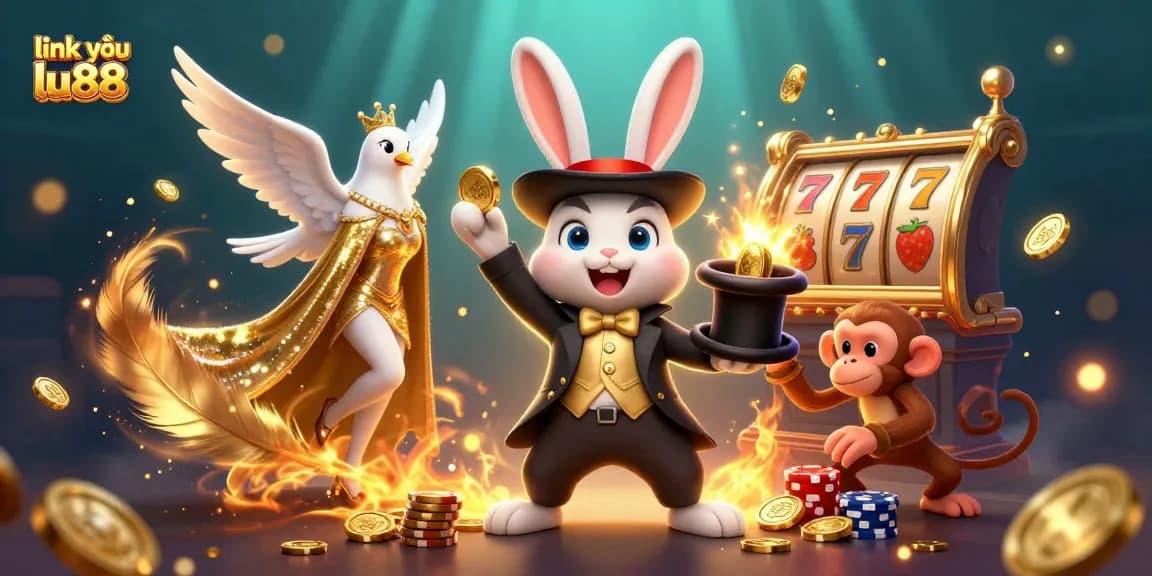 Engage with link vào lu88 through this vibrant 3D illustration featuring a magician rabbit, dove, and monkey in a colorful casino scene.