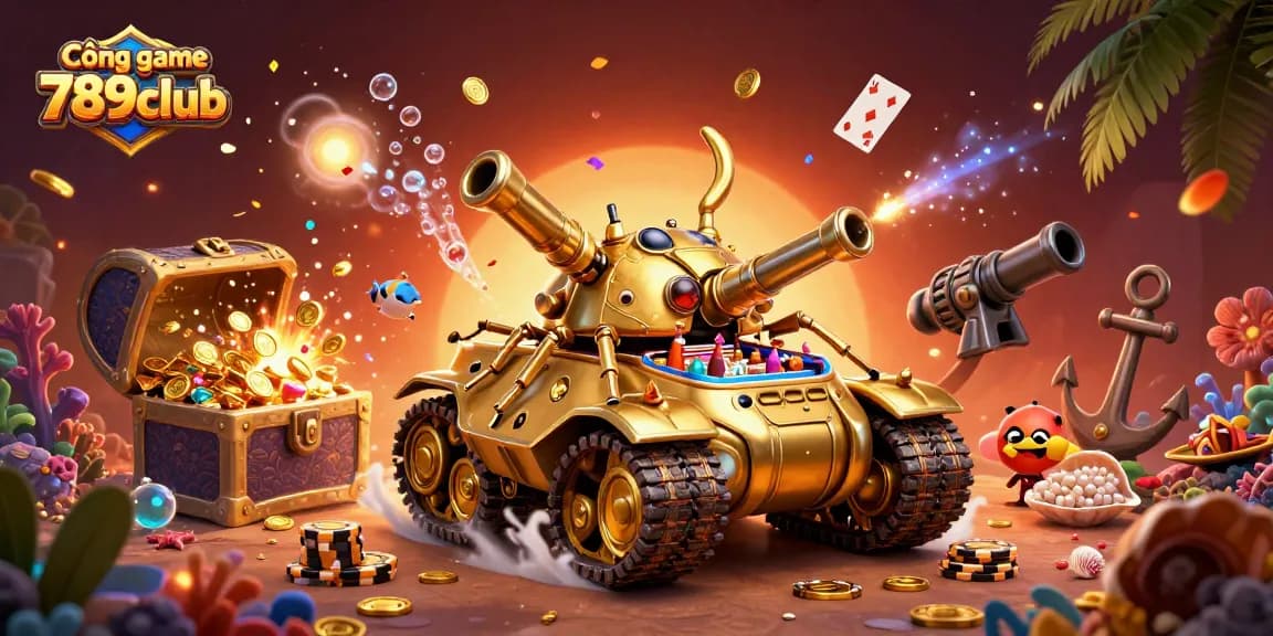 Cổng game 789club brings excitement to life with a vibrant 3D casino animation featuring a golden beetle tank.