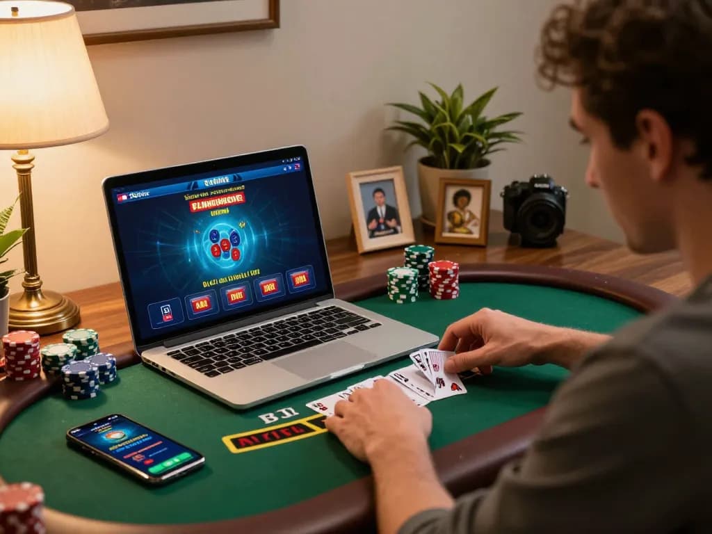 Player enjoying an engaging j88 blackjack game session on a laptop with enthusiastic focus.