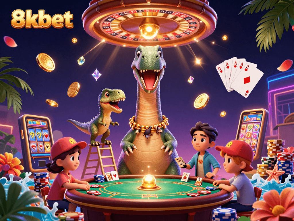 Engage in thrilling games at 8xbet with a vibrant scene of characters amidst cascading coins and poker elements.
