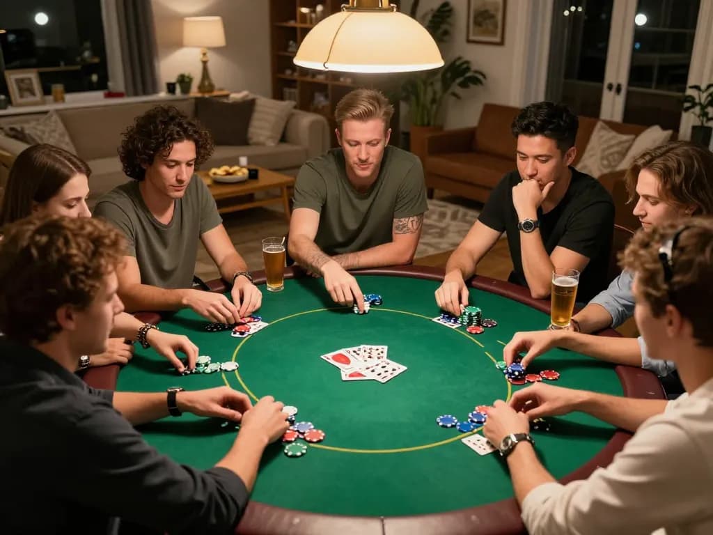 77WIN players engage in an exciting poker night, showcasing strategy and social bonding in a vibrant atmosphere.
