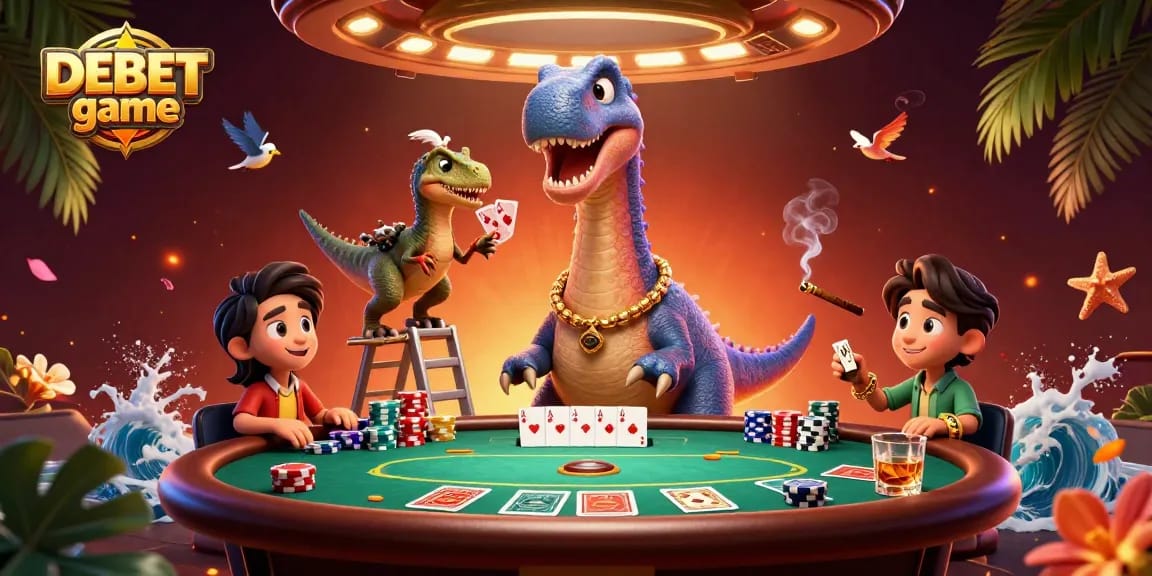 Experience the excitement of DEBET game with a vibrant 3D scene full of poker action.