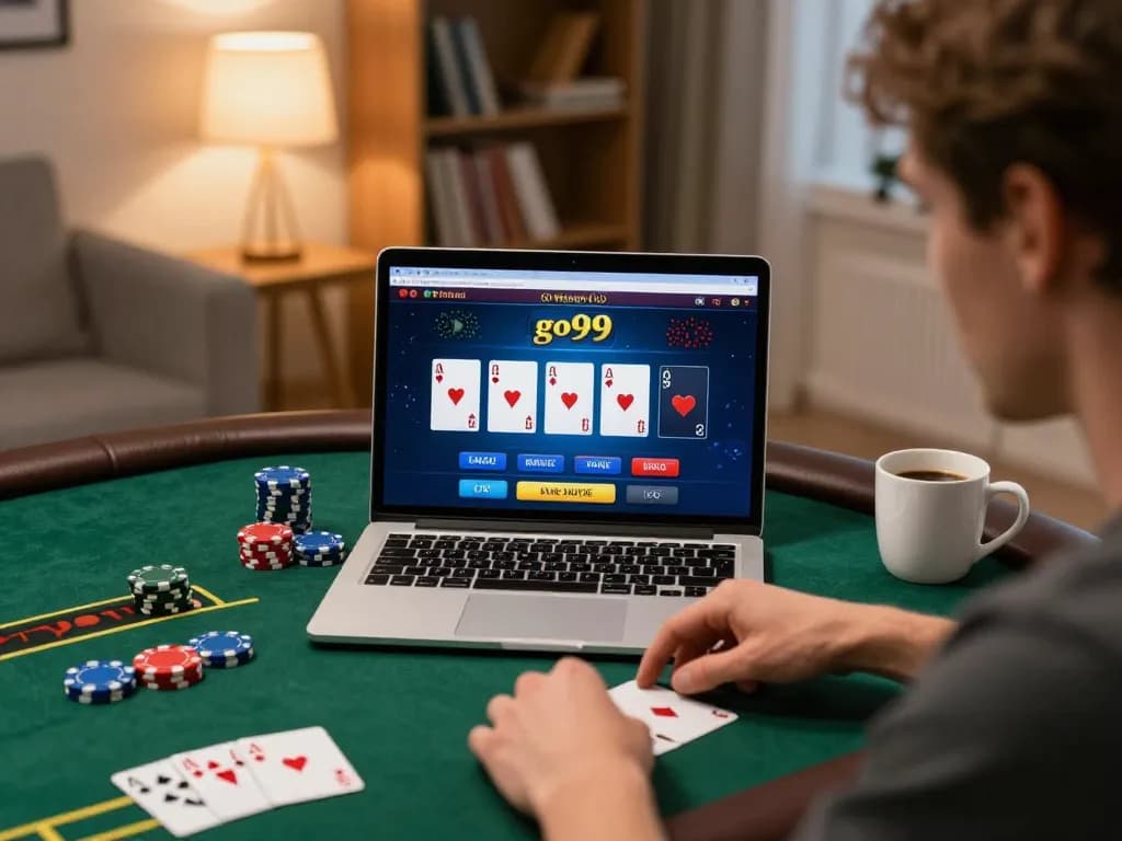 Engaging in online casino gameplay with go99 interface on a laptop in a cozy home setting.
