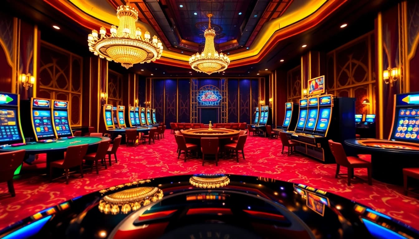 Engage with the idnslot gaming experience at a luxurious casino, highlighting slot machines and table games.