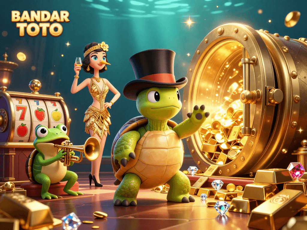 BANDAR TOTO showcases vibrant slot games with a whimsical turtle, crane, and frog in a speakeasy scene.