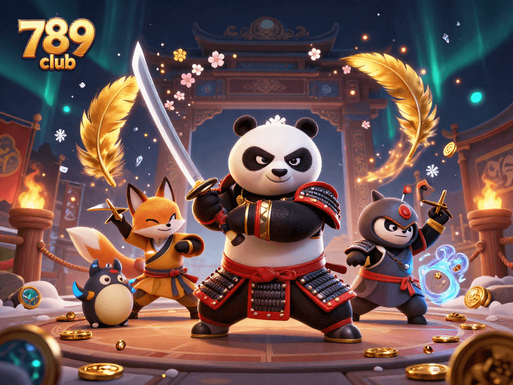 Experience the thrilling action of 789 club with samurai and ninja characters in an energetic casino scene.