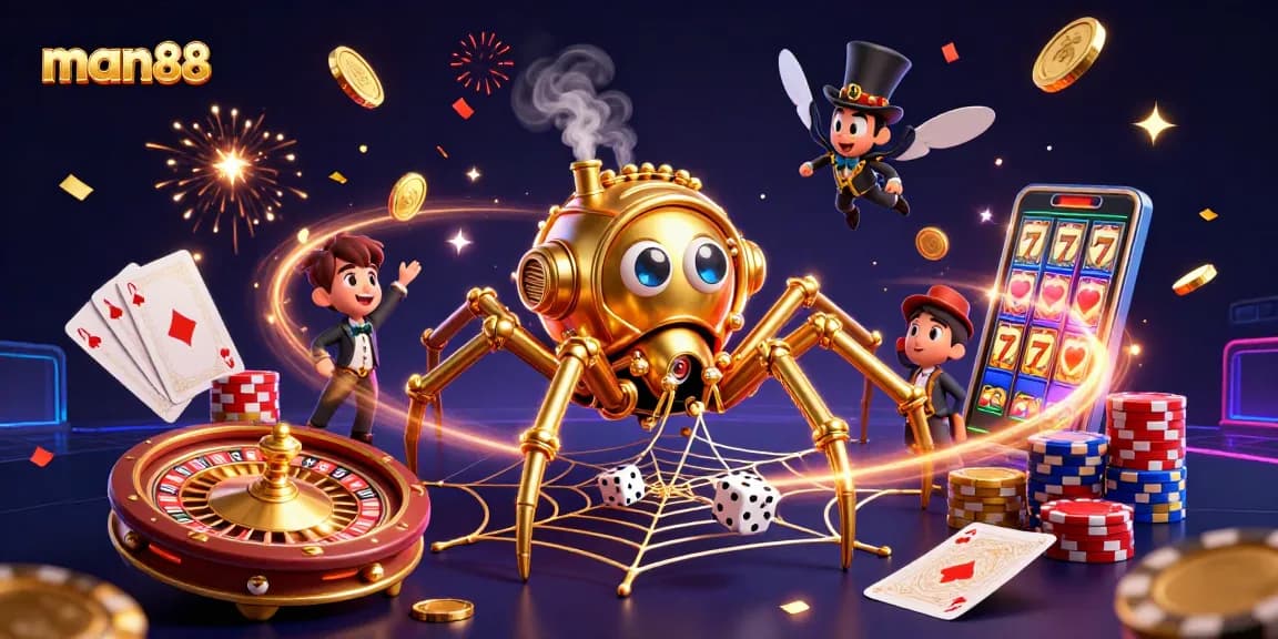 Spin and win with man88 at a vibrant casino scene filled with sparkling elements.