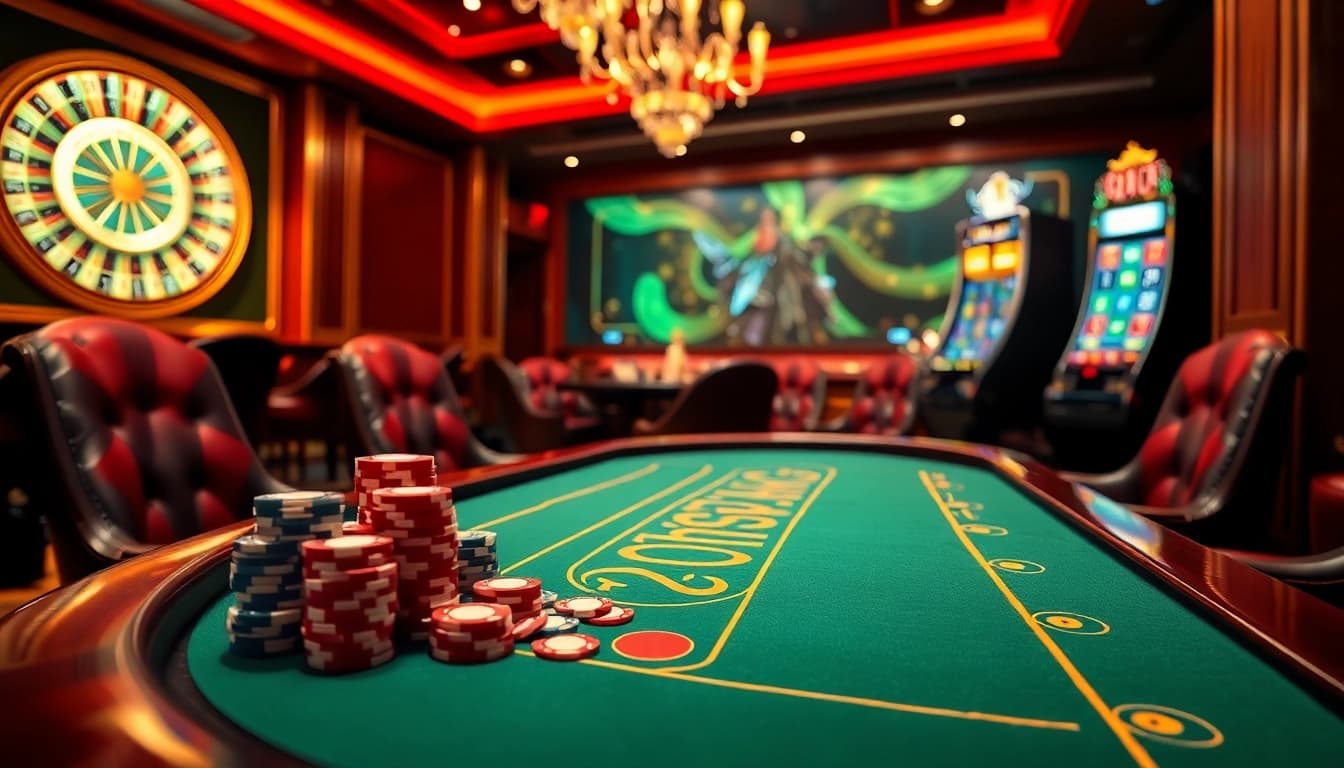 Players enjoying an exciting game at the OKFUN casino, featuring vibrant chips and luxurious tables.