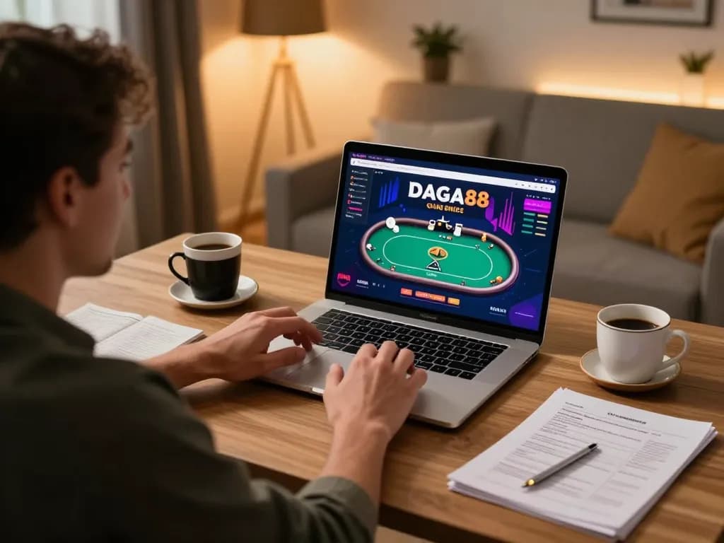 DAGA88 player engaging in online gambling while analyzing strategy notes in a cozy home setting.
