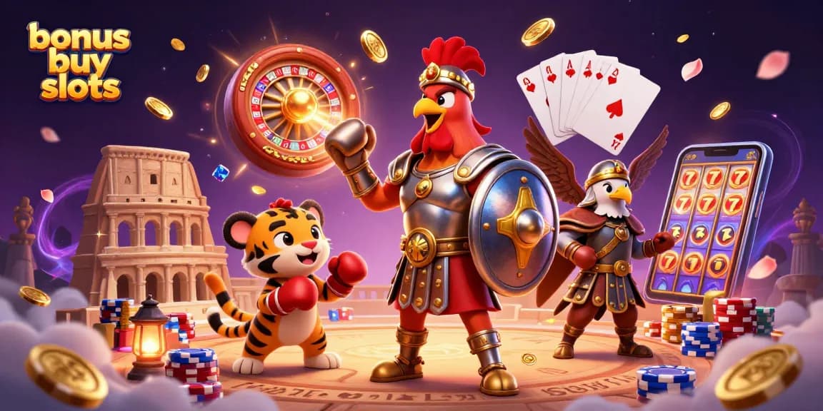 Experience the thrill of bonus buy slots with a 3D rooster champion in a dynamic casino scene.