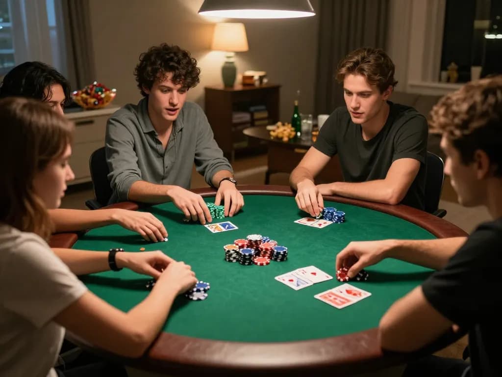 Friends enjoying a friendly poker game at home, showcasing strategic gameplay with 79king-themed chips and cards.