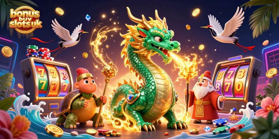 Experience thrilling bonus buy slots uk with a jade dragon, cartoon sage, and lucky cranes in a vibrant casino scene.