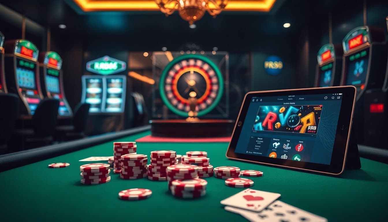 Experience the thrill of RR88 at a luxurious poker table adorned with glamorous chips and cards.