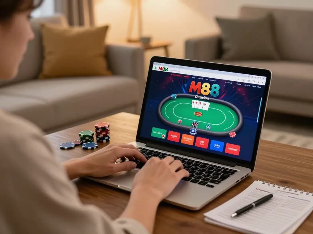 Engaging in online gaming at https://www.mnm88.com/, showing a vibrant poker game on the laptop.