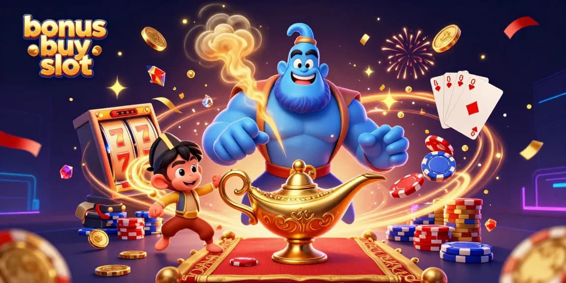 Engage with bonus buy slot excitement through a festive 3D casino scene featuring a powerful genie and treasure.