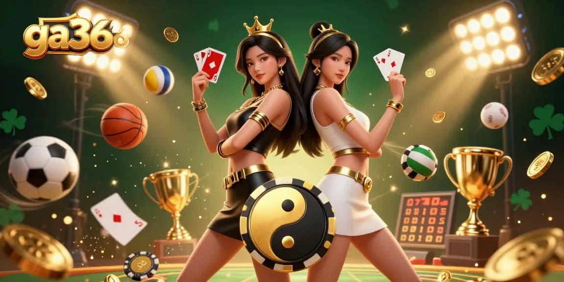 Engage with ga368's thrilling atmosphere as twin Asian women showcase their card skills amid dynamic gambling elements.